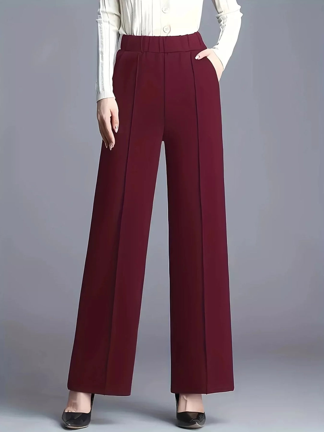 Wine Red Wide leg high-rise trousers with front seam detail