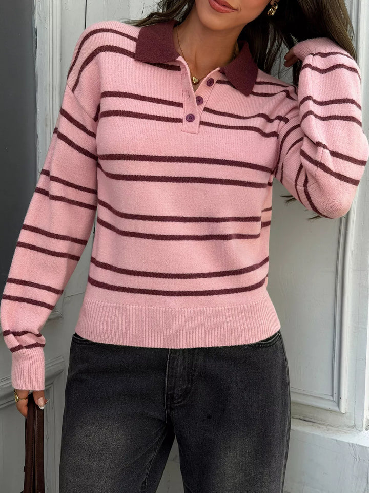 Striped polo collar sweater with dropped shoulders