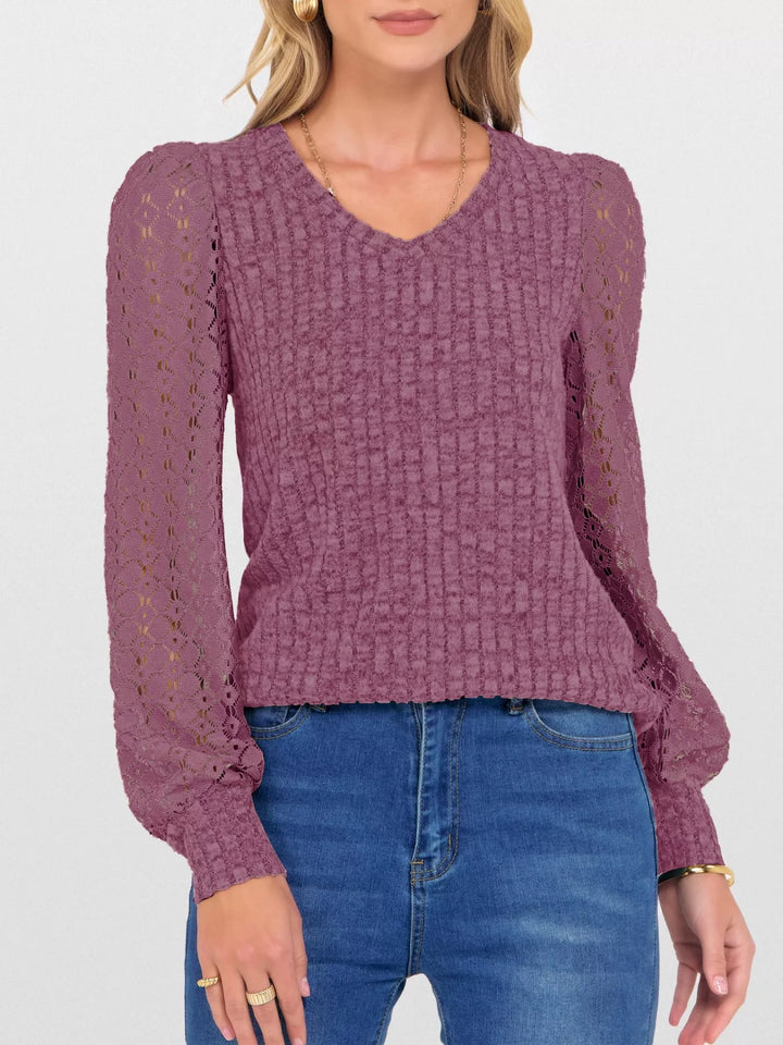 Sheer lace sleeve ribbed knit V-neck top