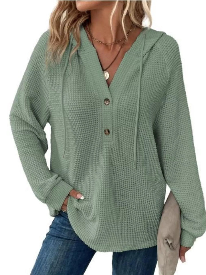 Light Green Button-detail waffle knit hoodie with drawstring hood