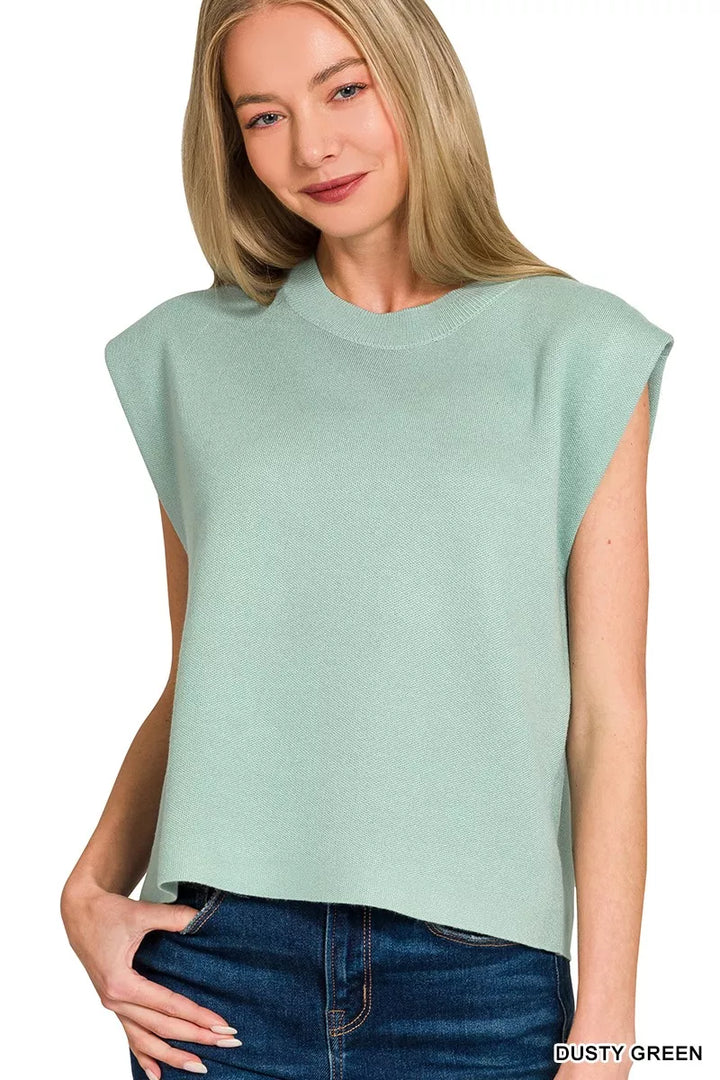 DUSTY GREEN Boxy cap-sleeve sweater vest with ribbed crew neck