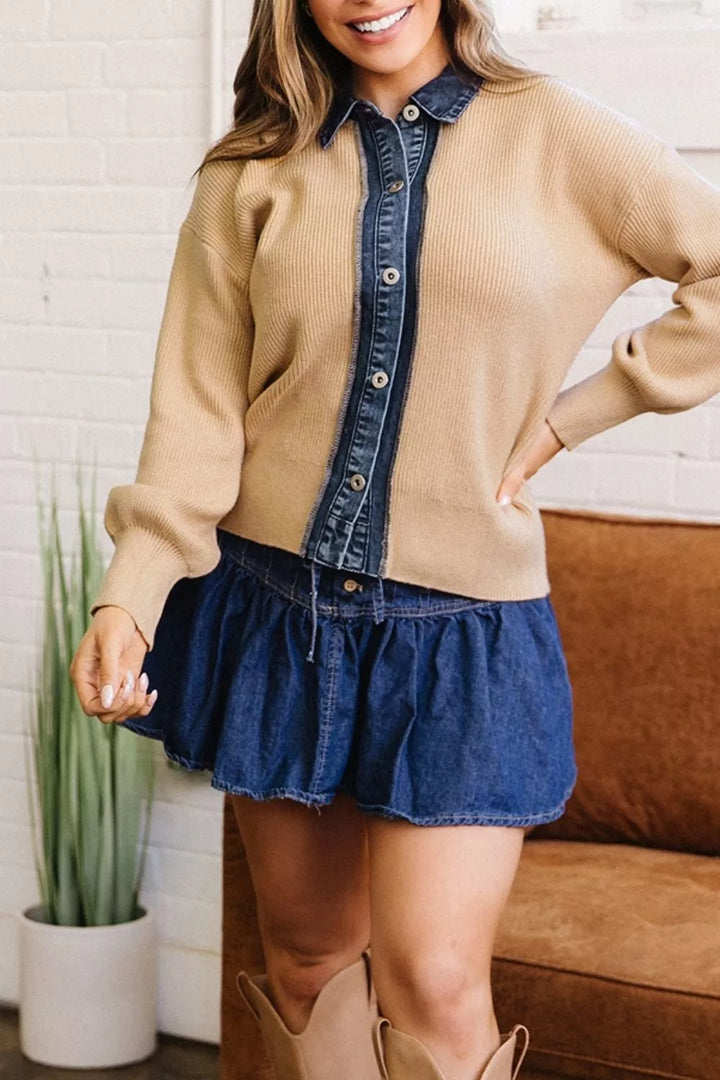 Tan Ribbed knit cardigan with denim collar and button placket