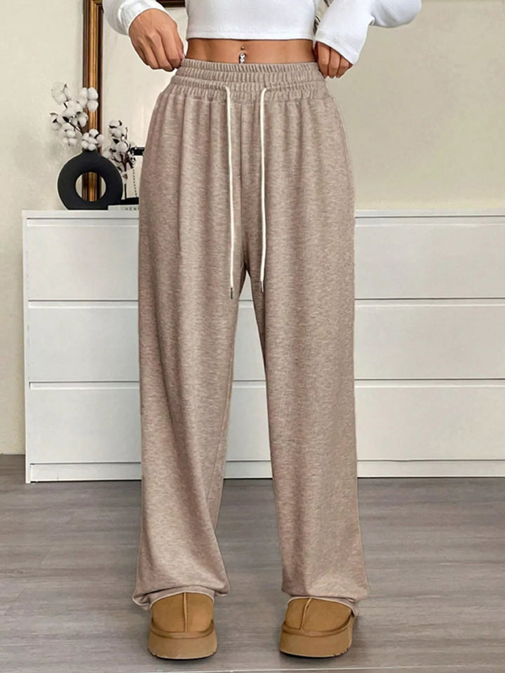 Drawstring high-waist wide-leg cotton pants