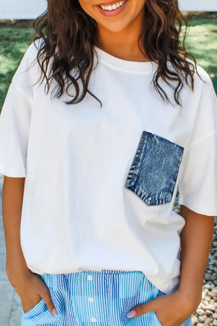 Denim chest pocket relaxed cotton crew neck tee