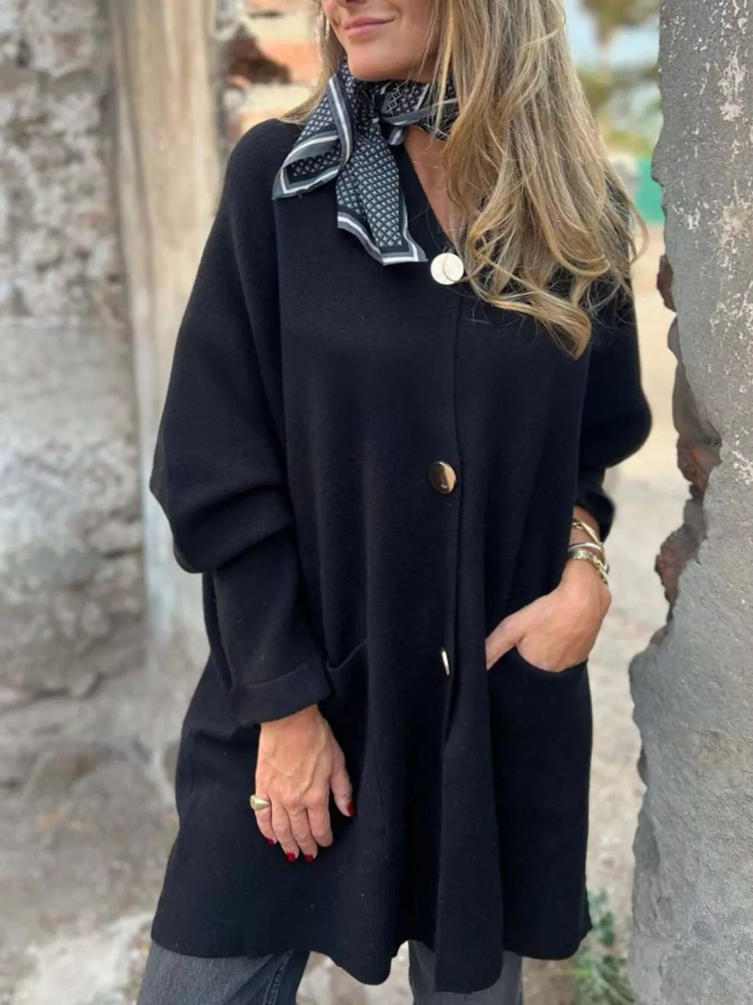 Black Longline button-down cardigan with patch pockets