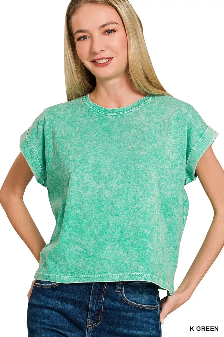 K GREEN Washed cotton cuffed short sleeve crew neck top