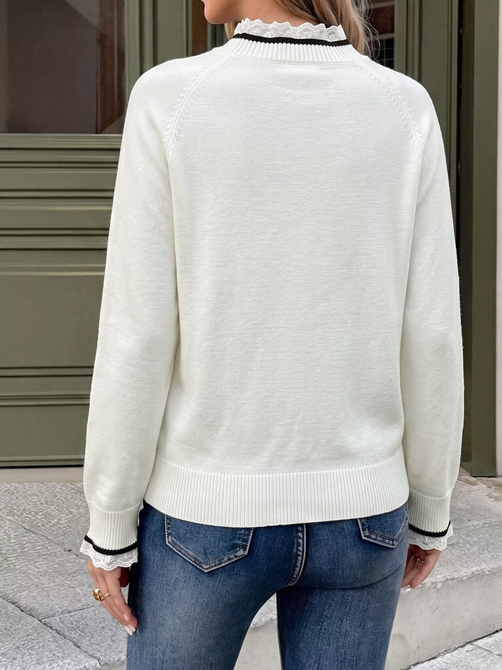 Lace trim mock neck sweater with contrast bow appliqués