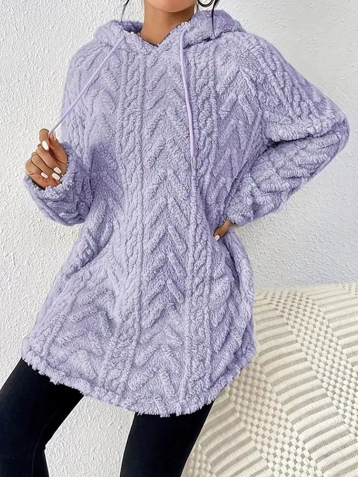 Textured cable-knit fleece pullover hoodie with drawstring