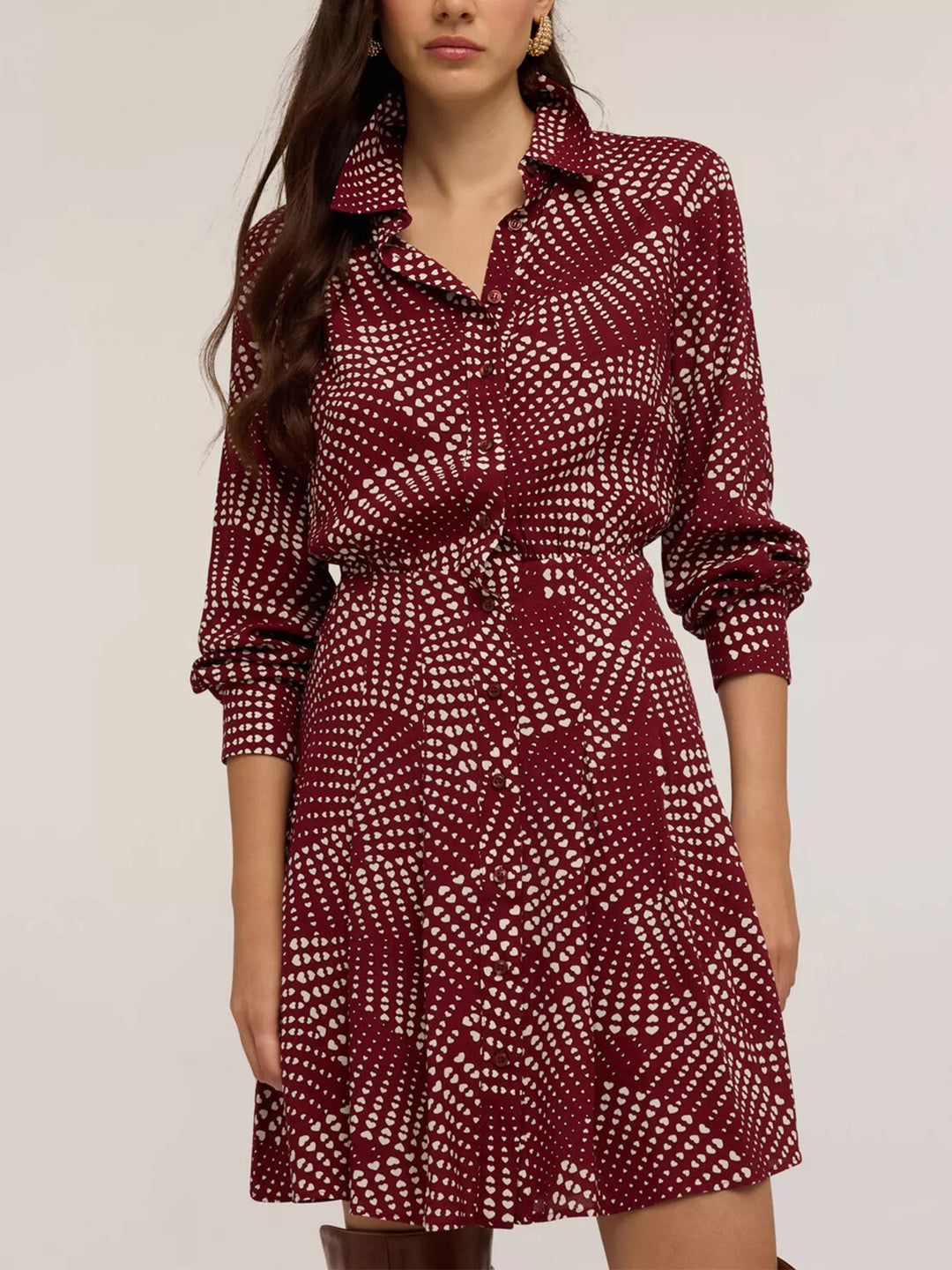 Red Abstract dot print long sleeve mini shirt dress