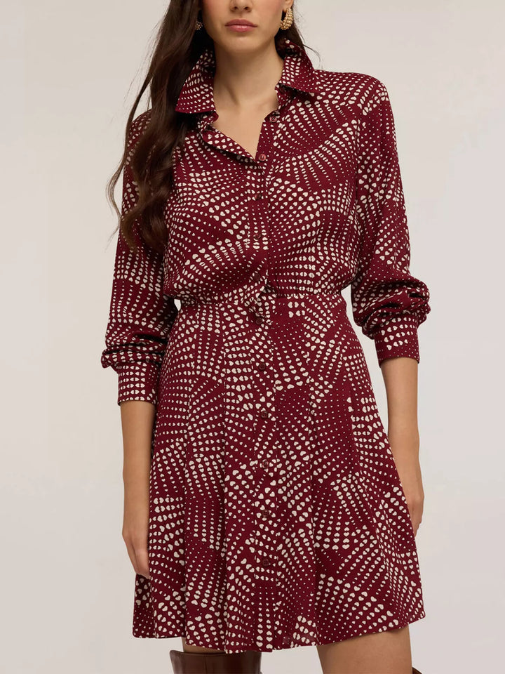 Red Abstract dot print long sleeve mini shirt dress