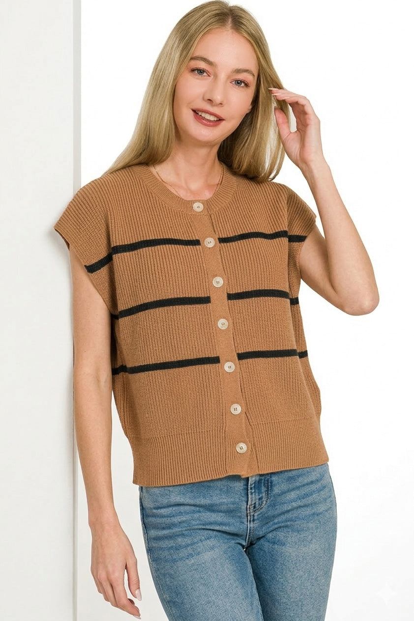 Ribbed knit striped sweater vest with button-down front