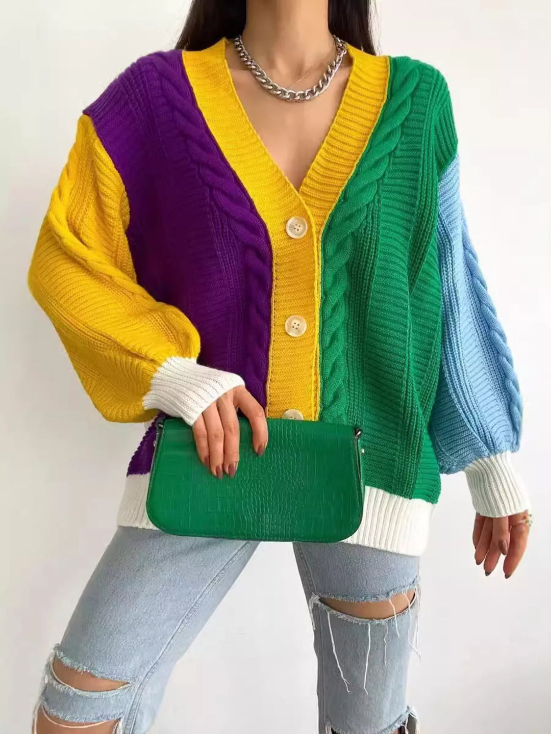 Color block cable-knit button-down cardigan