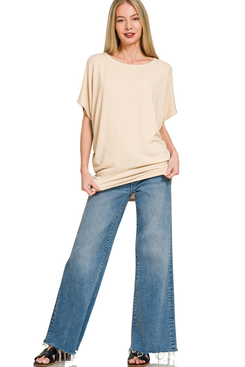 Dolman sleeve boat neck hacci knit relaxed top