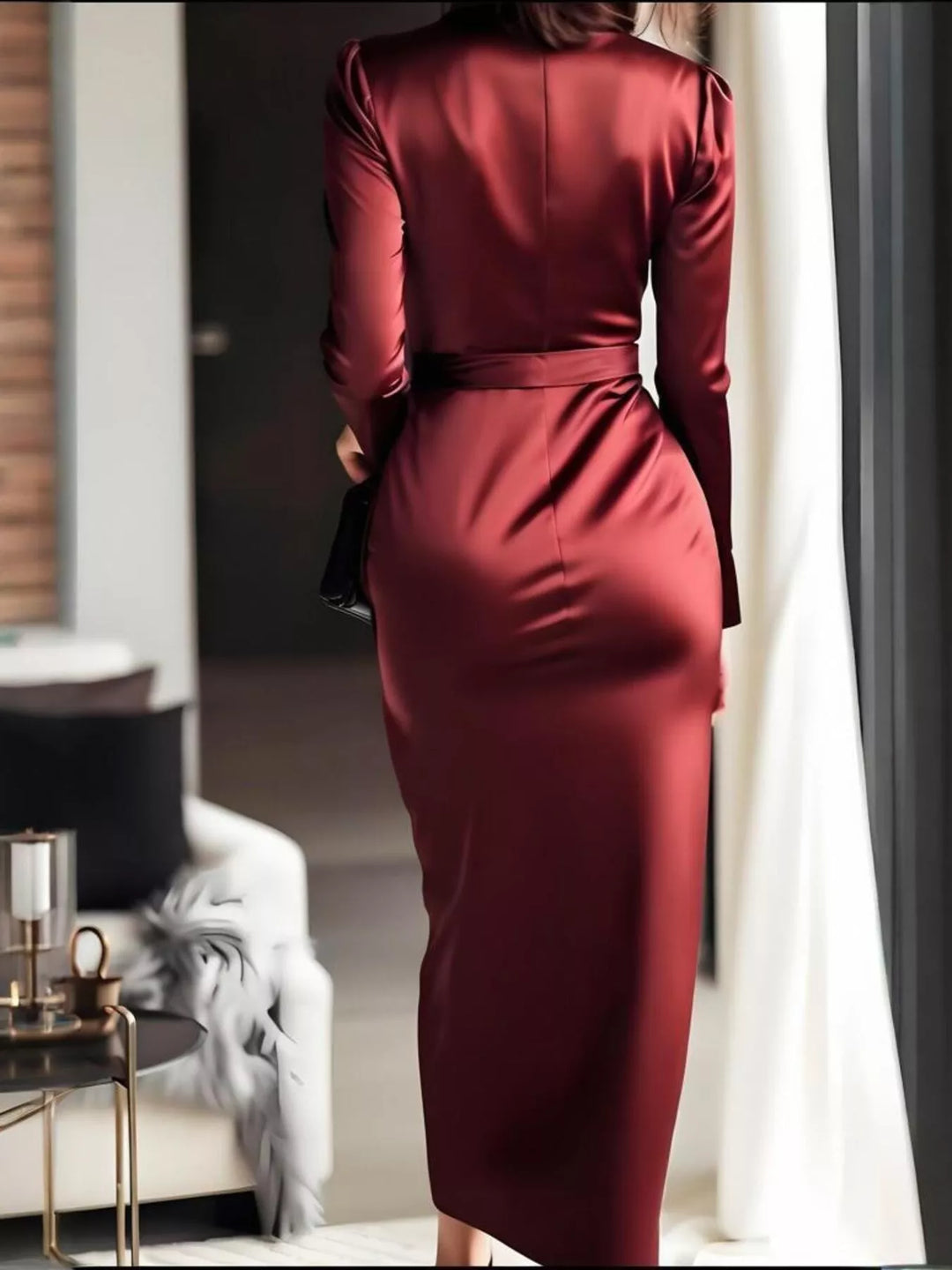 Surplice satin long sleeve maxi dress with tie waist