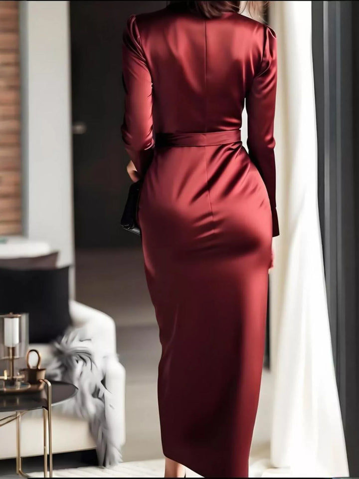 Surplice satin long sleeve maxi dress with tie waist