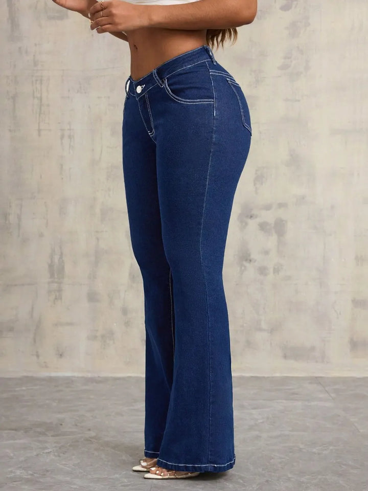 V-notch waist flare jeans with contrast stitching