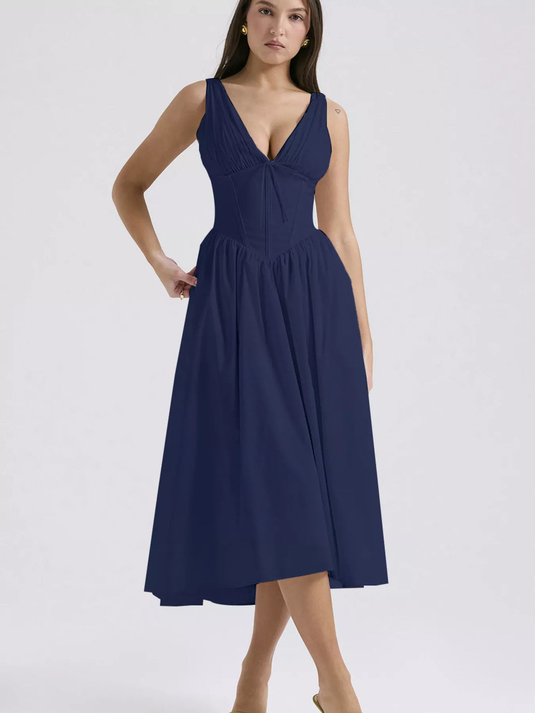 Navy Sleeveless V-neck midi dress with fitted bodice and pockets