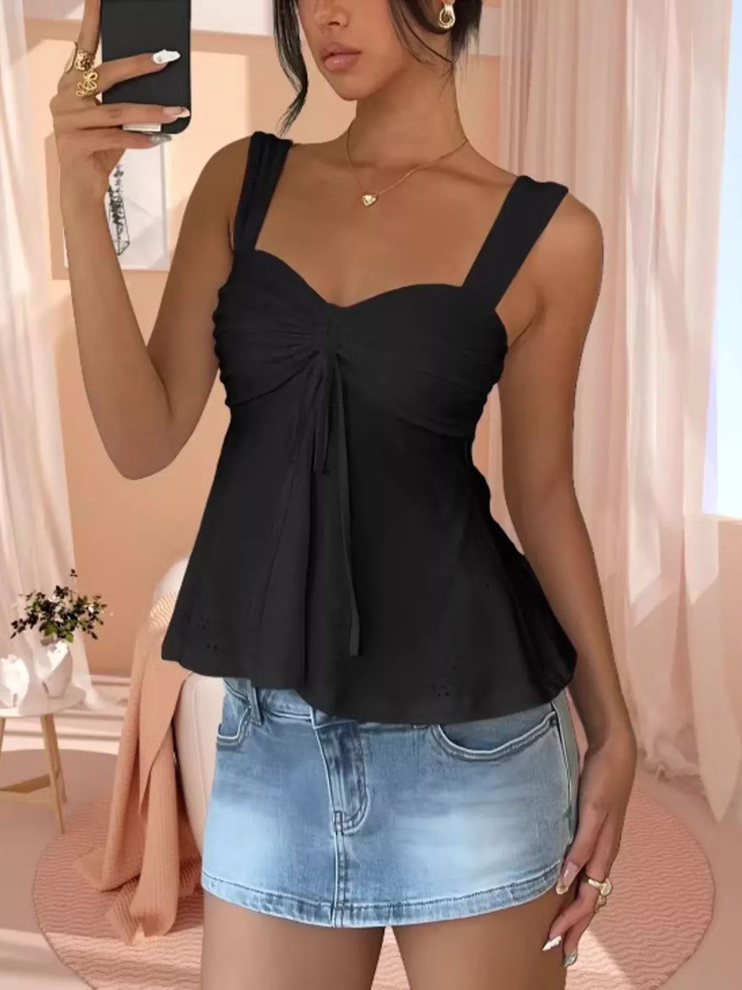 Black Eyelet cami with drawstring tie-front and sweetheart neckline