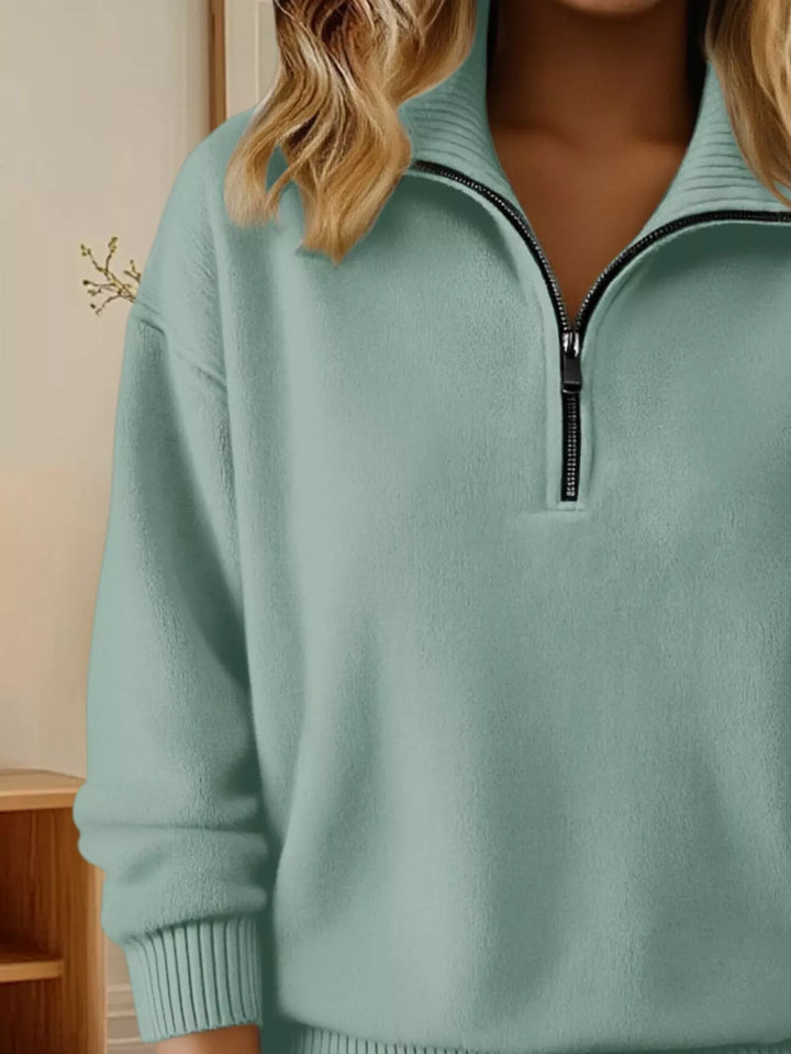 Half-zip dropped-shoulder knit sweater with ribbed collar