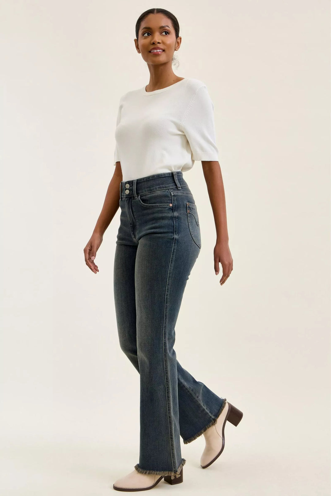 High-rise double-button frayed hem flare jeans