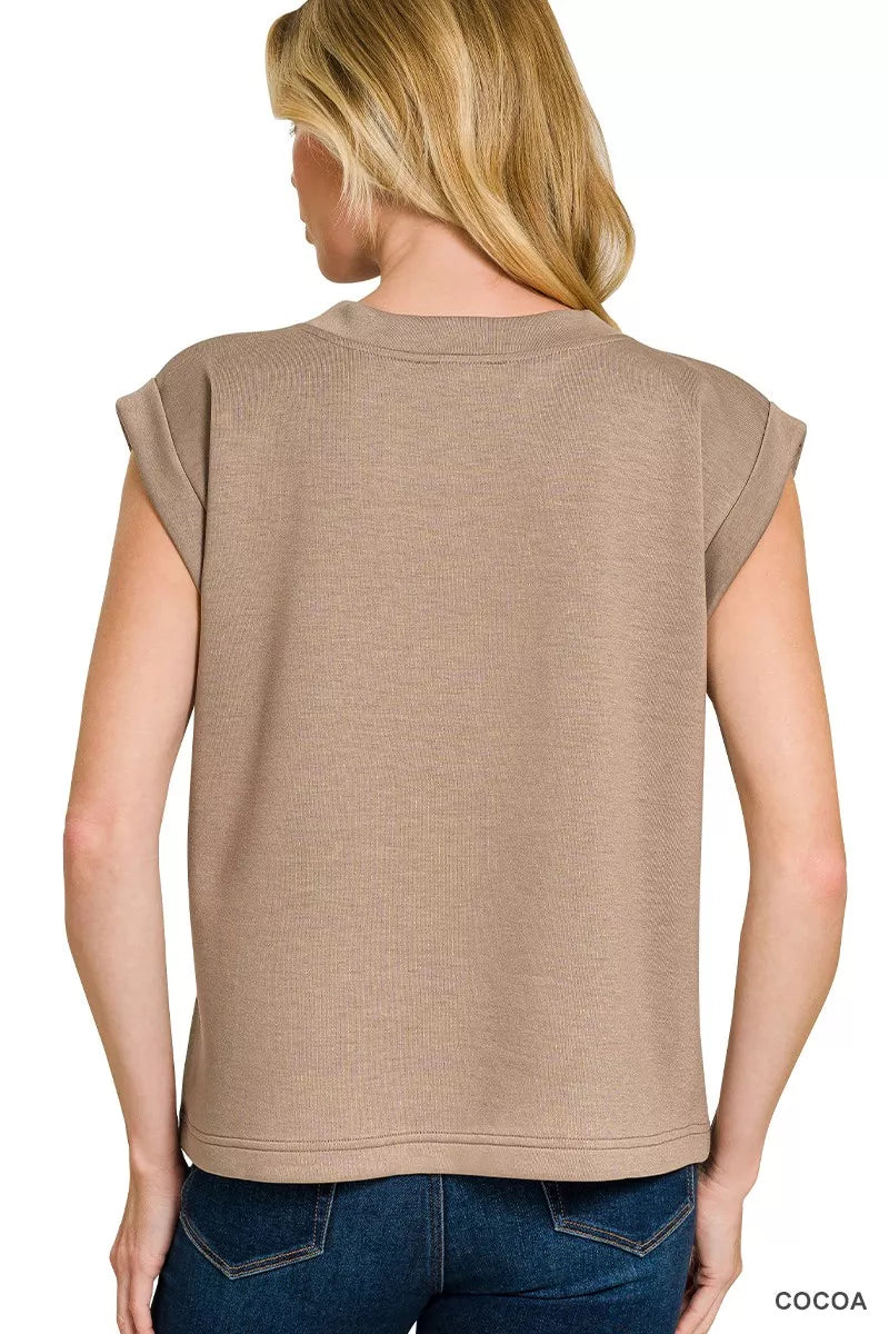 Structured scuba knit round neck cap sleeve top