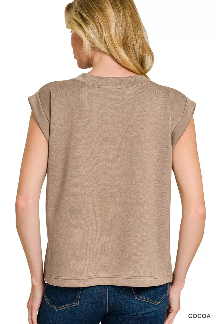 Structured scuba knit round neck cap sleeve top