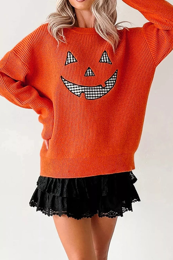 Jack-o-lantern patch drop shoulder Halloween sweater