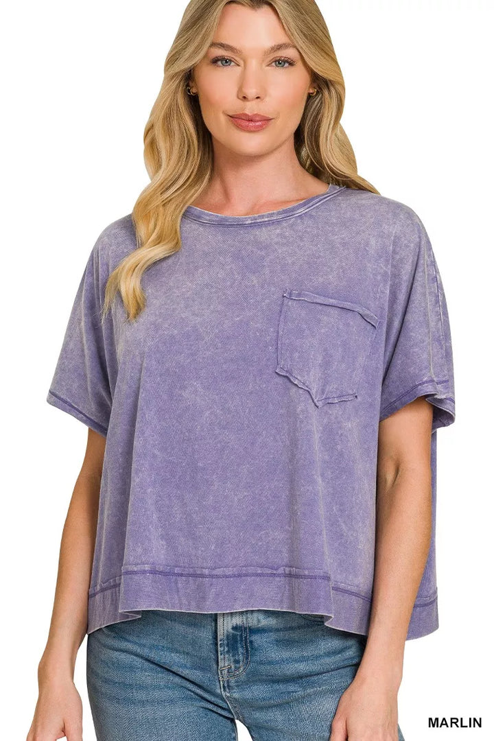 MARLIN Acid-washed oversized cotton tee with chest pocket and raw hem