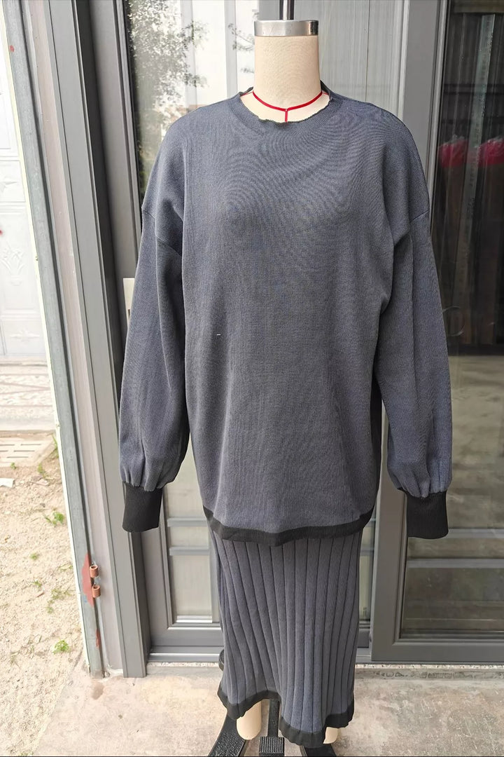 Contrast trim knit sweater top and ribbed maxi skirt set