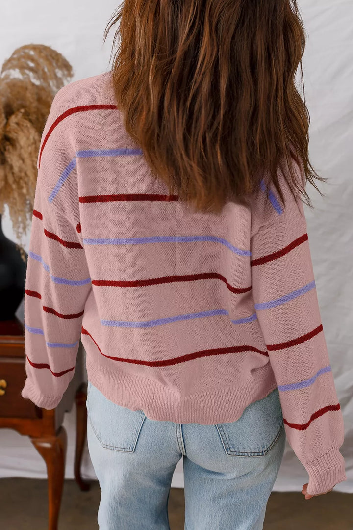 Striped drop-shoulder knit sweater with ribbed cuffs