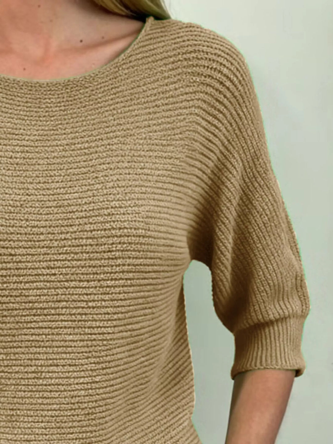 Ribbed knit round neck sweater with dolman sleeves