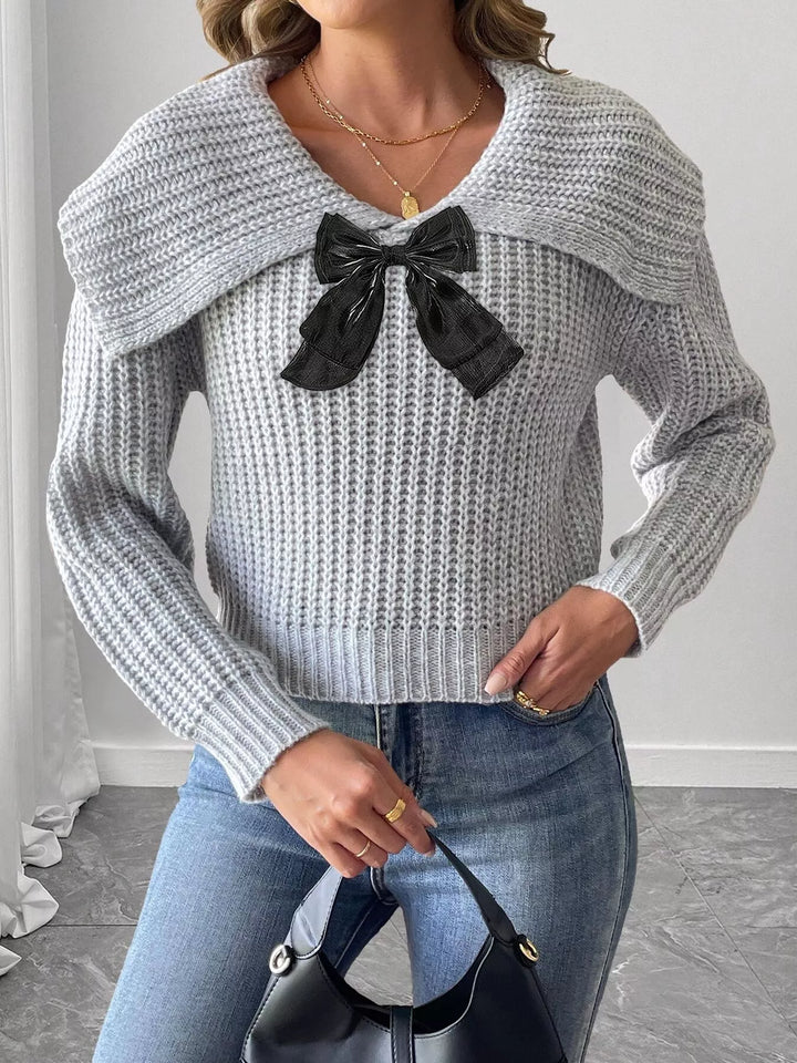 Waffle knit foldover collar sweater with contrast bow