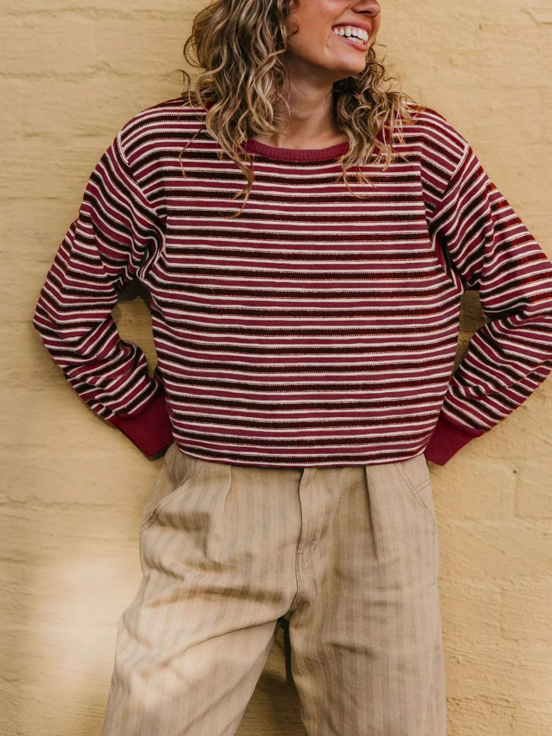 Red Striped ribbed knit crew neck sweater with drop shoulders