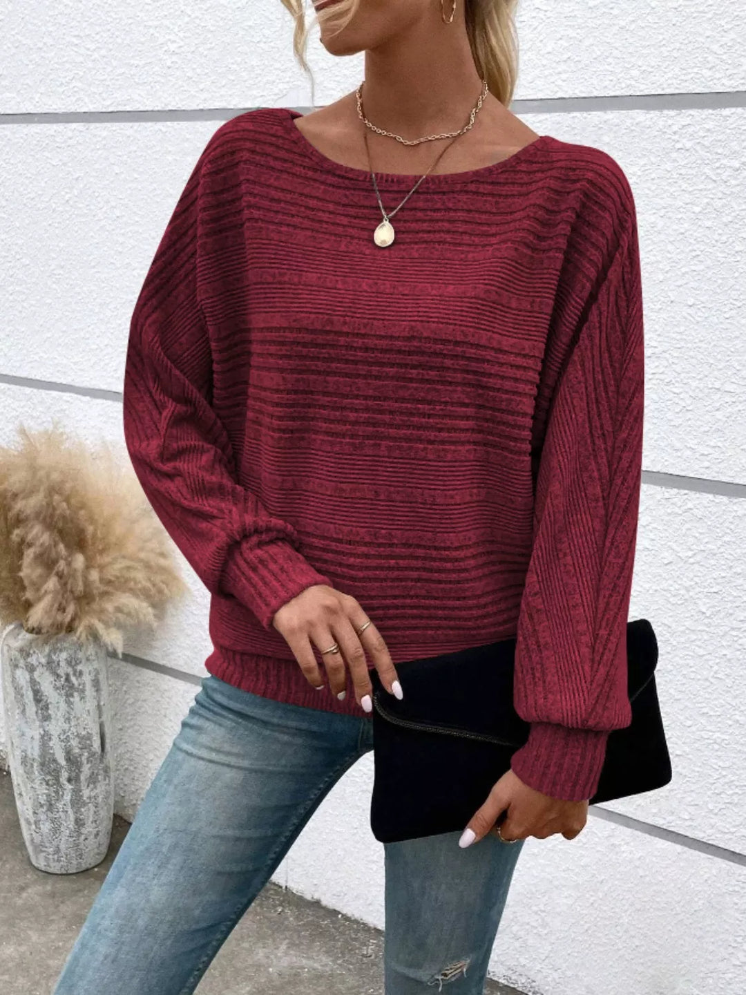 Ribbed knit relaxed long sleeve boat-neck top