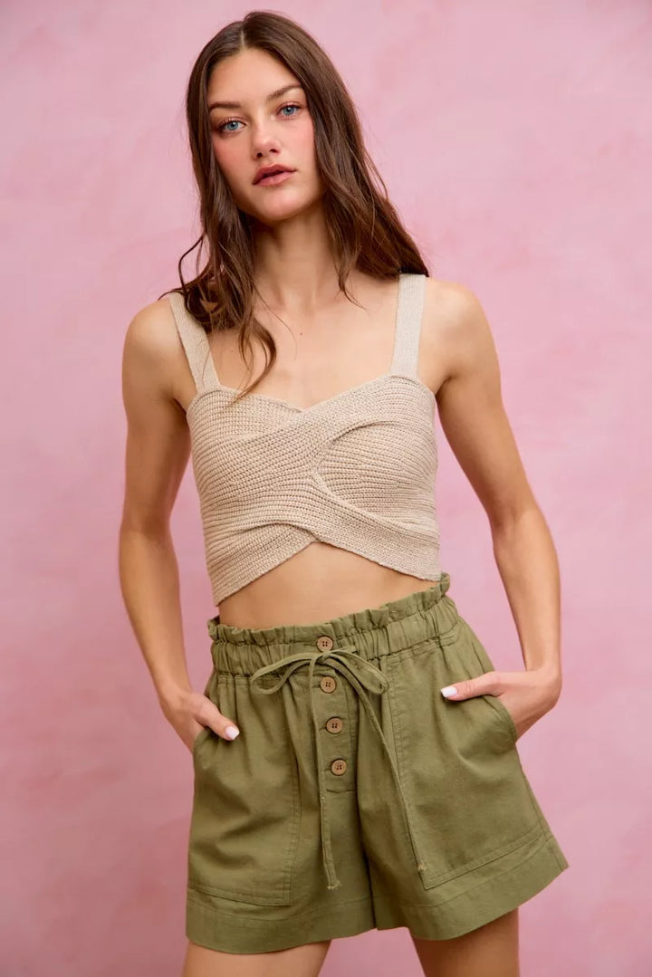 Paper bag waist twill shorts with button front and patch pockets