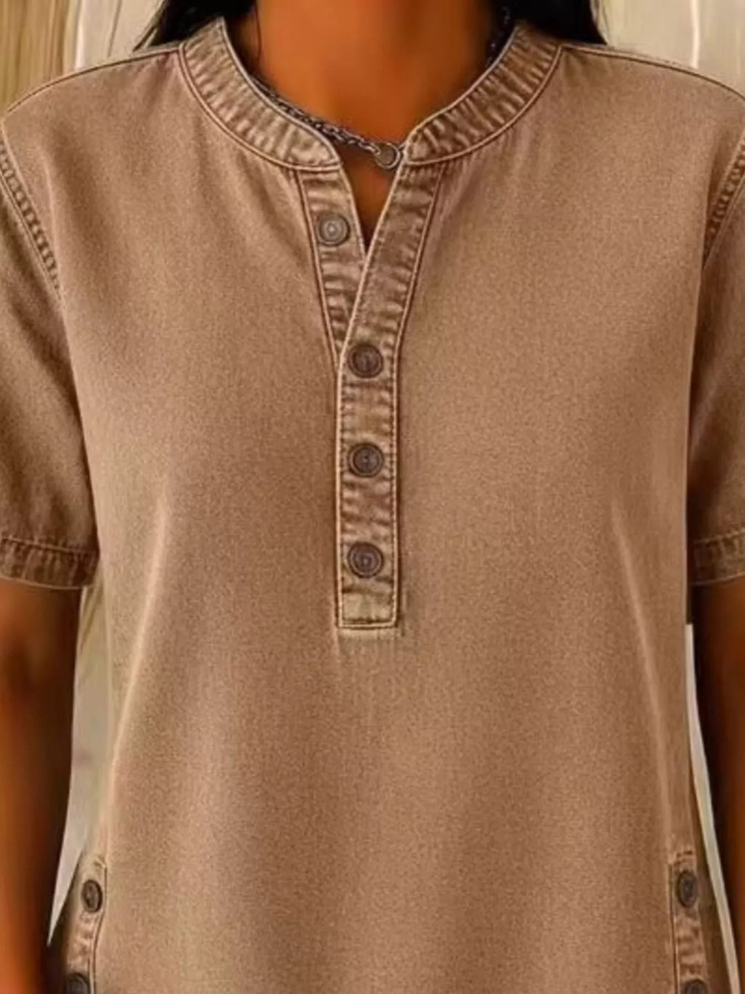 Denim-look button-front short sleeve blouse with side slits
