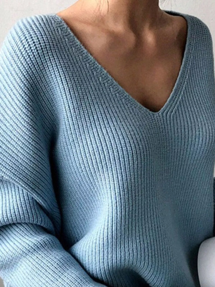 Ribbed knit V-neck sweater with dropped shoulders