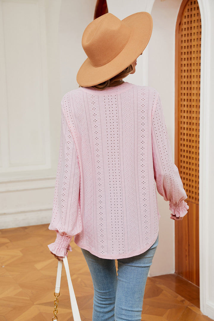 Eyelet notched-neck blouse with flounce sleeves