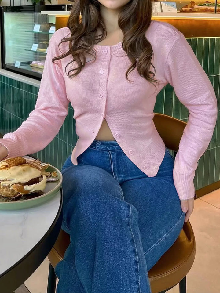 Pink Slim-fit ribbed knit button-down cardigan with crew neck
