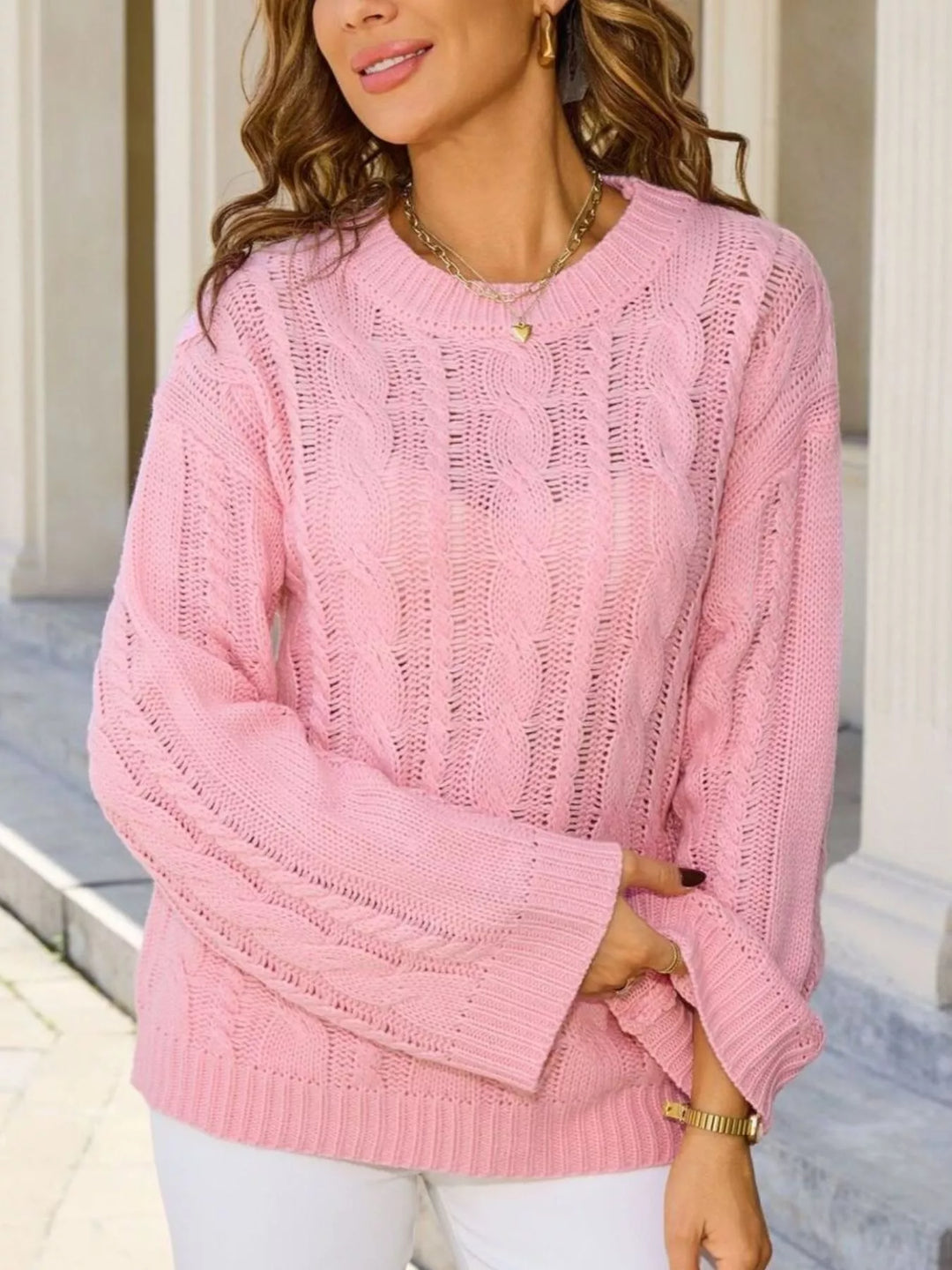 Openwork cable knit long sleeve crew neck sweater