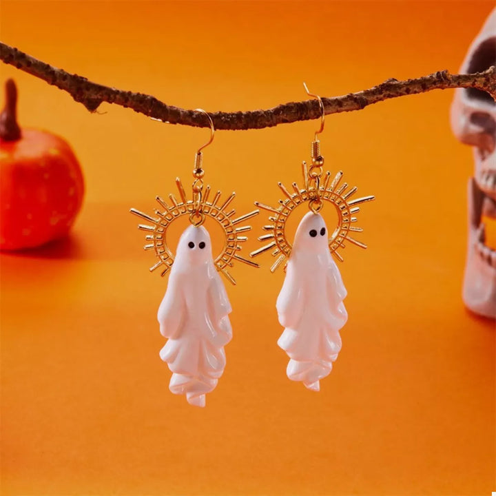 Halloween ghost drop earrings with sunburst halo