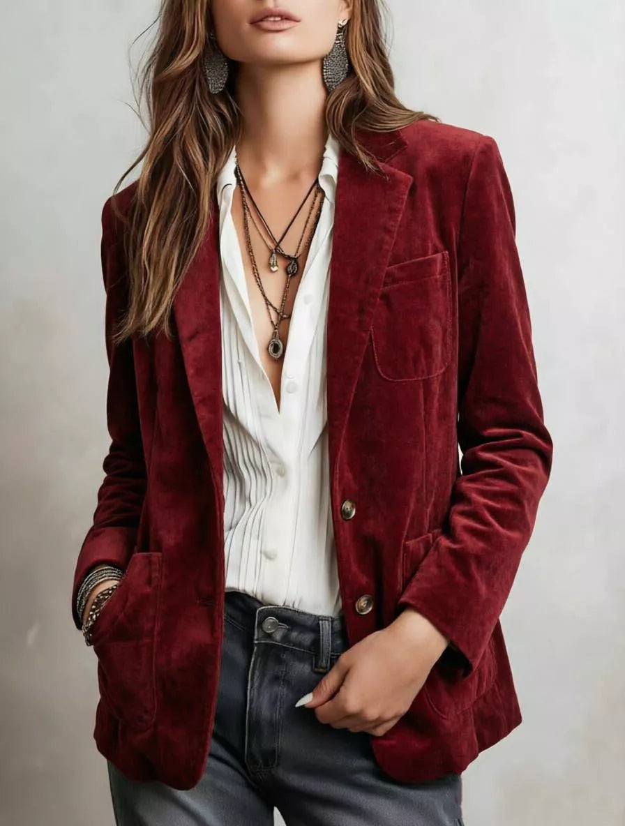 Burgundy Faux suede notch lapel blazer with patch pockets