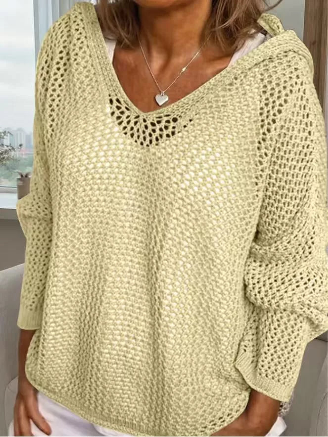 Light Yellow Openwork knit hooded pullover cover-up with V-neck