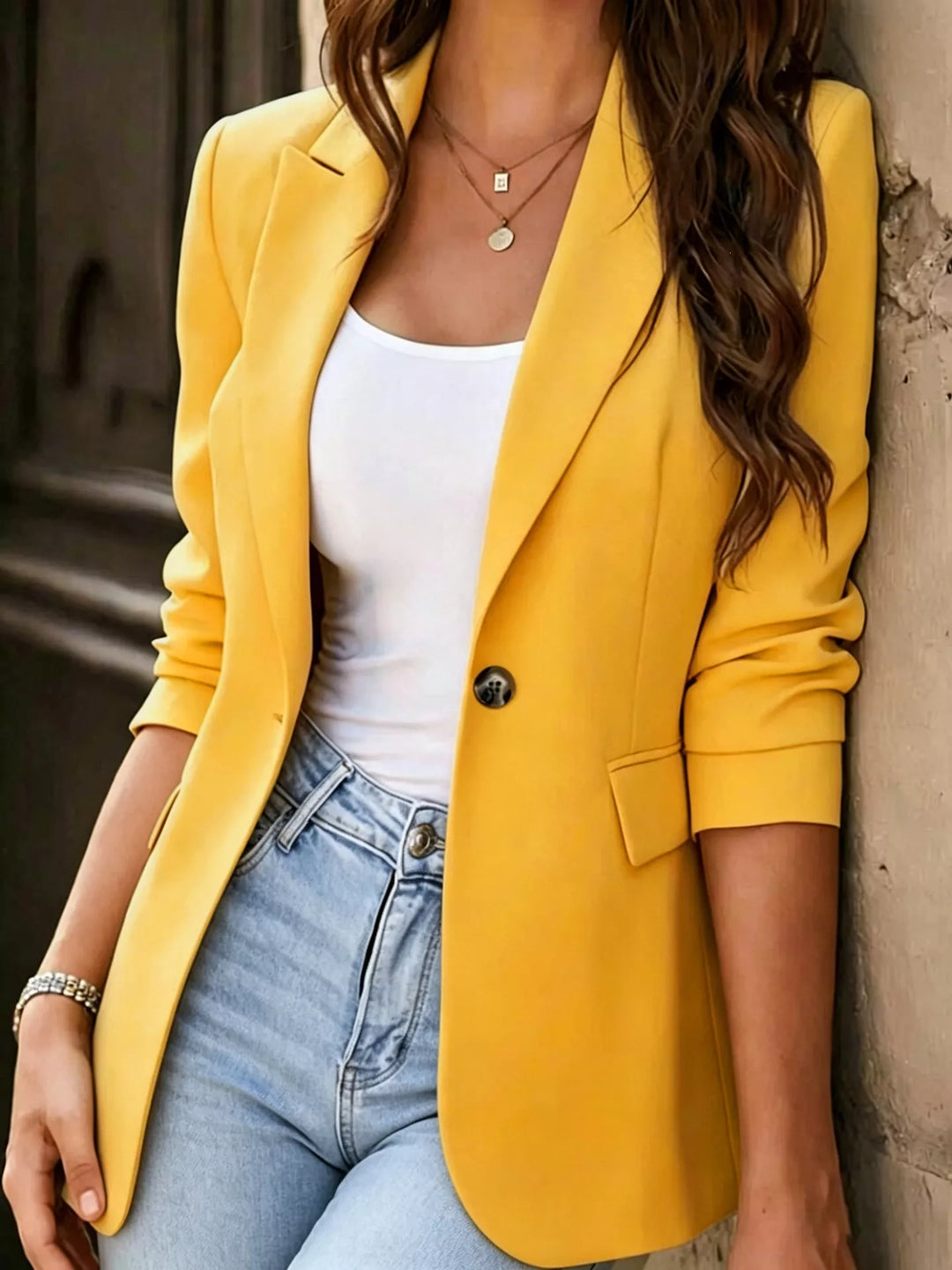 Yellow Single-breasted notch lapel blazer with flap pockets