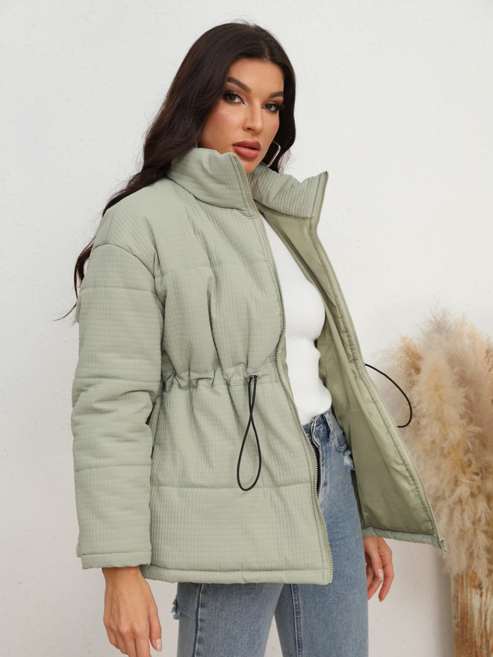 Drawstring waist zip-up puffer jacket with stand collar