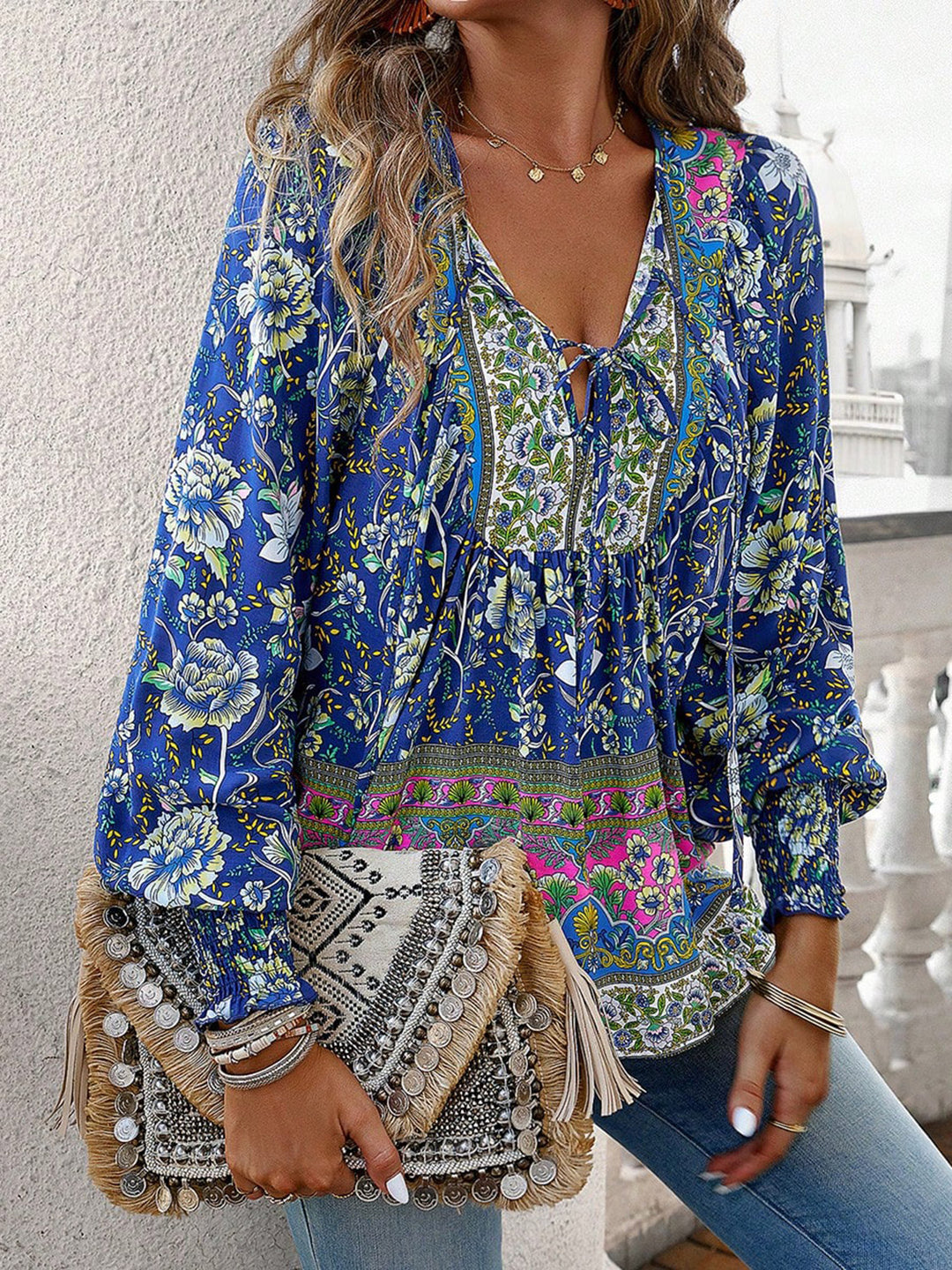 Bohemian floral print tie-neck lantern sleeve blouse