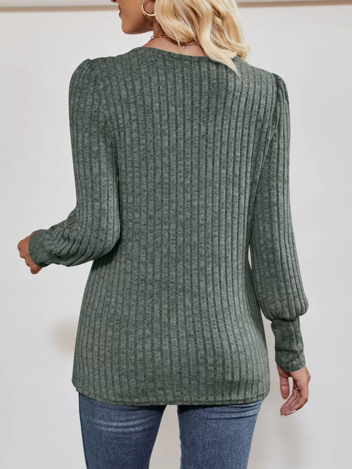 Ribbed knit square-neck top with button trim and side slit