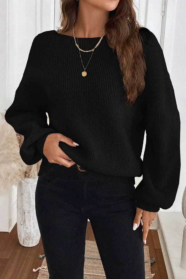 Black Ribbed knit drop-shoulder sweater with bow-tie open back