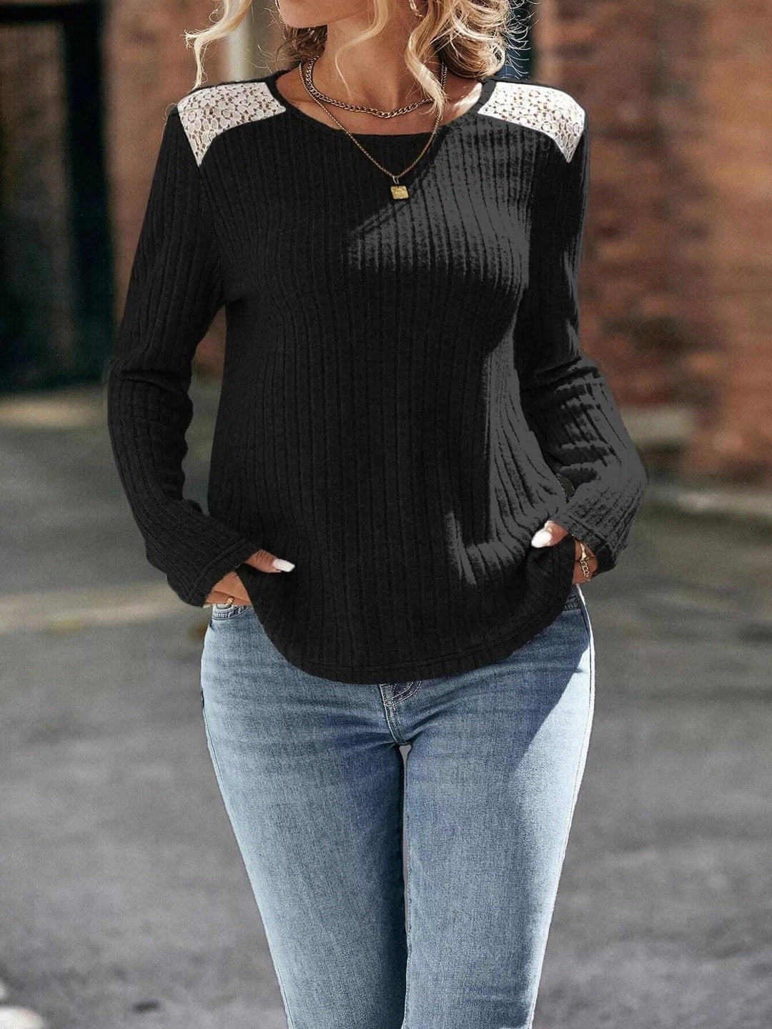 Black Ribbed knit top with lace shoulder panels and long sleeves
