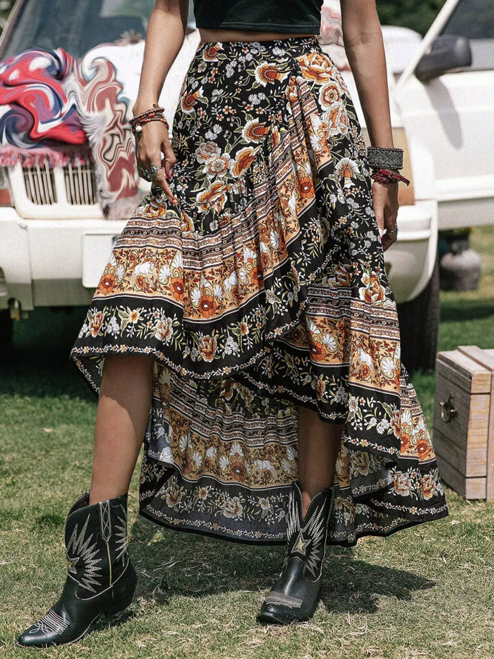 Plus size boho floral high-low midi skirt